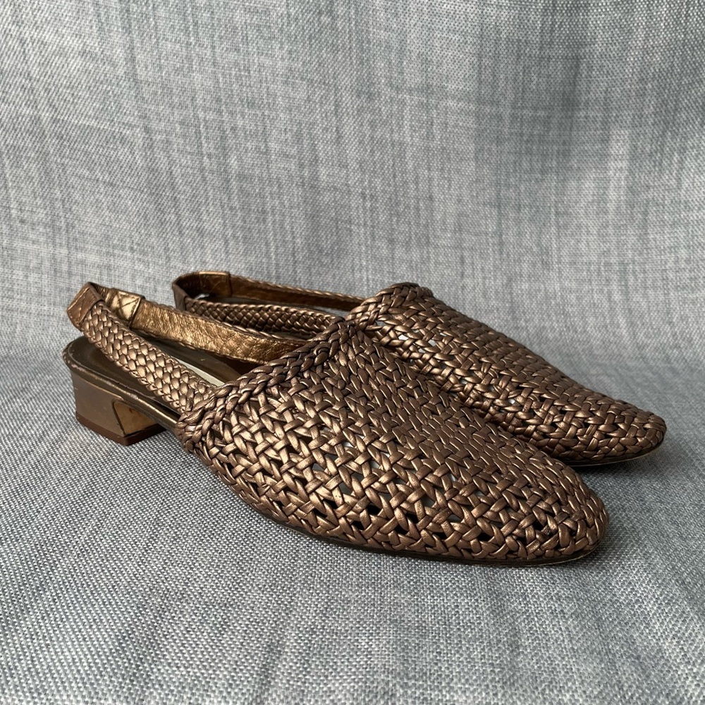 Saks Fifth Avenue Slingback Sandals Size 8 Bronze Block Heel Woven Vintage Style